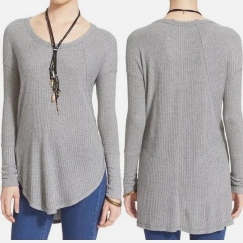 Free People Ventura Thermal Tee Oversized Waffle Knit Long Sleeve Tunic‎ Gray M